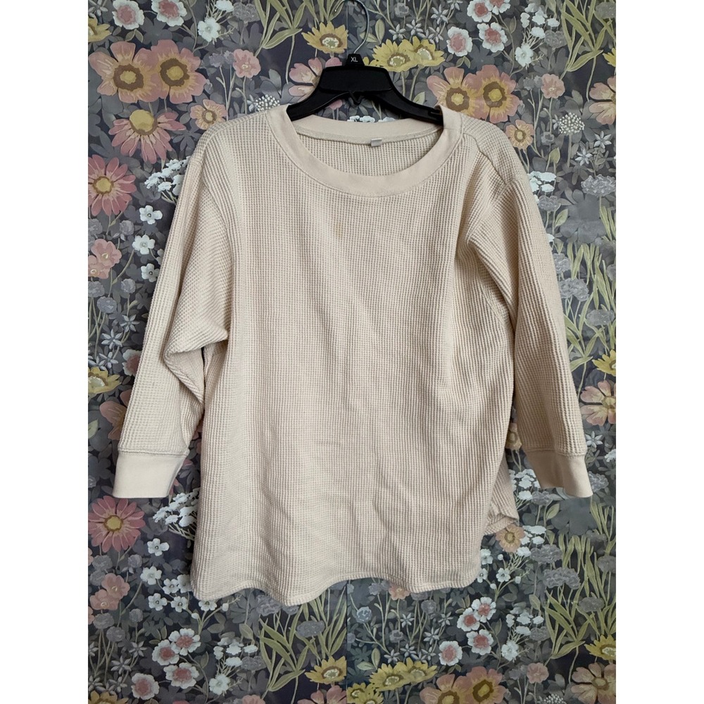 Uniqlo Waffle Knit Long Sleeve Top Beige Crew Neck Casual Pullover L